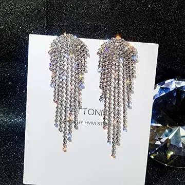 Luxury Women's Long Fringe Sparkling Crystal Drop Earrings Glossy Rhinestone Dangle Earrings Bridal Wedding Party Jewelry (Sparkling Crystal Drop Earrings-Silver)