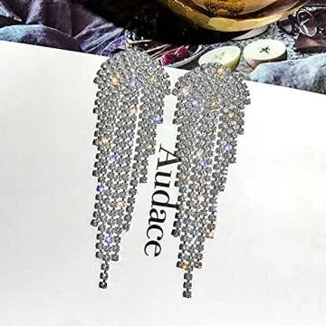Luxury Women's Long Fringe Sparkling Crystal Drop Earrings Glossy Rhinestone Dangle Earrings Bridal Wedding Party Jewelry (Sparkling Crystal Drop Earrings-Silver)