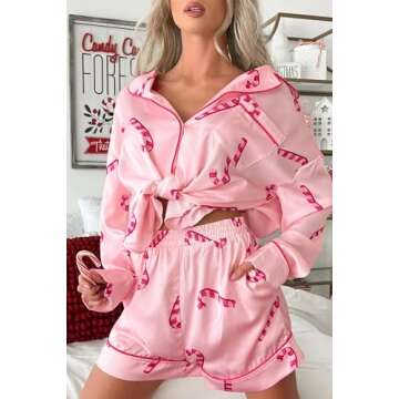 Christmas Pajamas Shorts Set for Women Santa Claus Pjs Long Sleeve Button Down Shirt+Pants 2 Piece Xmas Jammies Loungewear(Candy Cane Shorts Set,L