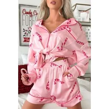 Christmas Pajamas Shorts Set for Women Santa Claus Pjs Long Sleeve Button Down Shirt+Pants 2 Piece Xmas Jammies Loungewear(Candy Cane Shorts Set,L