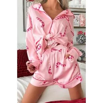 Christmas Pajamas Shorts Set for Women Santa Claus Pjs Long Sleeve Button Down Shirt+Pants 2 Piece Xmas Jammies Loungewear(Candy Cane Shorts Set,L