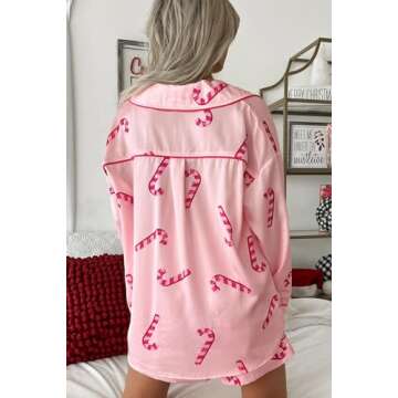 Christmas Pajamas Shorts Set for Women Santa Claus Pjs Long Sleeve Button Down Shirt+Pants 2 Piece Xmas Jammies Loungewear(Candy Cane Shorts Set,L