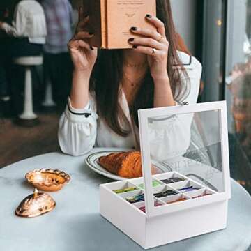 handrong Tea Box Tea Bag Organizer Wooden Tea Bag Holder Modern Tea Caddy Chest with 9 Compartments and Glass Cover for Home Office Use