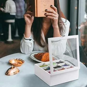 handrong Tea Box Tea Bag Organizer Wooden Tea Bag Holder Modern Tea Caddy Chest with 9 Compartments and Glass Cover for Home Office Use