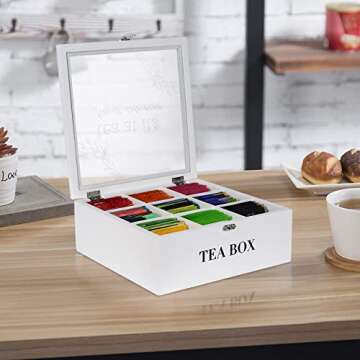 handrong Tea Box Tea Bag Organizer Wooden Tea Bag Holder Modern Tea Caddy Chest with 9 Compartments and Glass Cover for Home Office Use