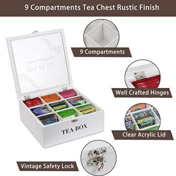 handrong Tea Box Tea Bag Organizer Wooden Tea Bag Holder Modern Tea Caddy Chest with 9 Compartments and Glass Cover for Home Office Use