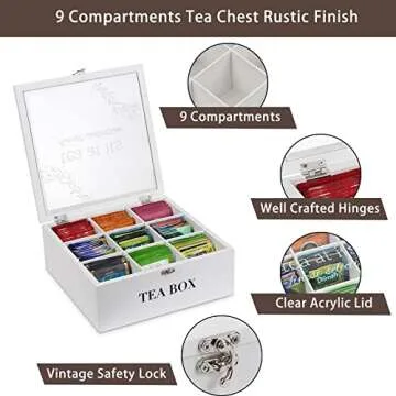 handrong Tea Box Tea Bag Organizer Wooden Tea Bag Holder Modern Tea Caddy Chest with 9 Compartments and Glass Cover for Home Office Use