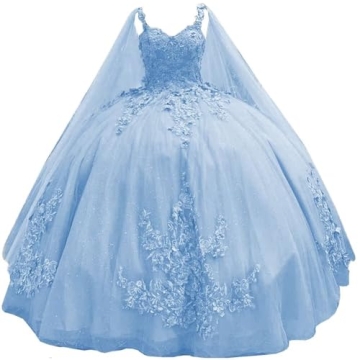 TRHTX Puffy Tulle Sky Blue Quinceanera Dresses Princess Lace Baeded Ball Gown for Vestidos de 15 añ...