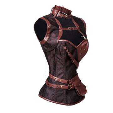 Charmian Women's Retro Goth Spiral Steel Boned Brocade Steampunk Bustiers Corset with Jacket and Belt Dark-Brown XXXX-Large