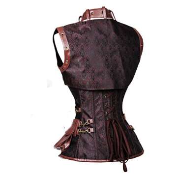 Charmian Women's Retro Goth Spiral Steel Boned Brocade Steampunk Bustiers Corset with Jacket and Belt Dark-Brown XXXX-Large