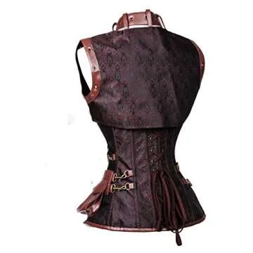 Charmian Women's Retro Goth Spiral Steel Boned Brocade Steampunk Bustiers Corset with Jacket and Belt Dark-Brown XXXX-Large