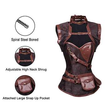 Charmian Women's Retro Goth Spiral Steel Boned Brocade Steampunk Bustiers Corset with Jacket and Belt Dark-Brown XXXX-Large
