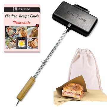 CretFine Double Pie Maker Cast Iron Sandwich Press Pans for Camping with Storage Bag and Recipes, Ca...