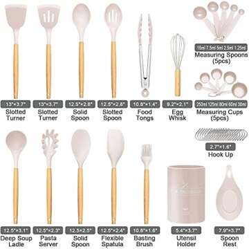 33 PCS Silicone Cooking Utensils Set, Kitchen Utensils Spatula Set with Holder, Wooden Handles Heat Resistant & BPA Free & Non-Toxic -Best Kitchen Gadgets Tools for Cookware(Khaki)