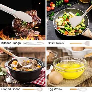 33 PCS Silicone Cooking Utensils Set, Kitchen Utensils Spatula Set with Holder, Wooden Handles Heat Resistant & BPA Free & Non-Toxic -Best Kitchen Gadgets Tools for Cookware(Khaki)