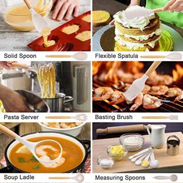 33 PCS Silicone Cooking Utensils Set, Kitchen Utensils Spatula Set with Holder, Wooden Handles Heat Resistant & BPA Free & Non-Toxic -Best Kitchen Gadgets Tools for Cookware(Khaki)