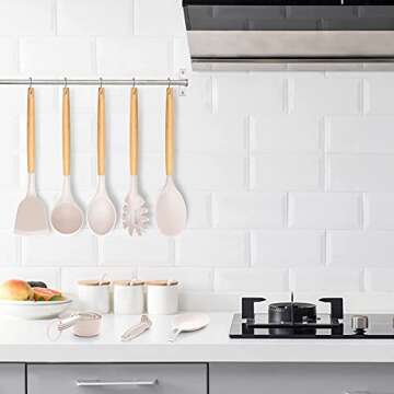 33 PCS Silicone Cooking Utensils Set, Kitchen Utensils Spatula Set with Holder, Wooden Handles Heat Resistant & BPA Free & Non-Toxic -Best Kitchen Gadgets Tools for Cookware(Khaki)