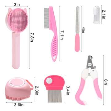 VCZONE 8 Pcs Cat Brush Grooming Kits, Pet Self Cleaning Kit with Pet Nail Clipper and File, Flea Comb, Pet Shampoo Bath Brush, Pet Shedding Brush, Silicone Toothbrush (Pink)