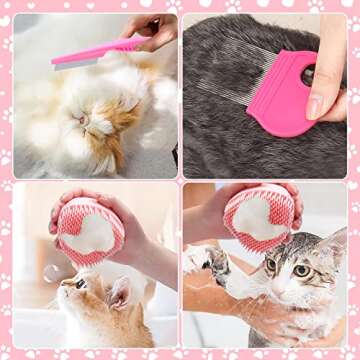 VCZONE 8 Pcs Cat Brush Grooming Kits, Pet Self Cleaning Kit with Pet Nail Clipper and File, Flea Comb, Pet Shampoo Bath Brush, Pet Shedding Brush, Silicone Toothbrush (Pink)
