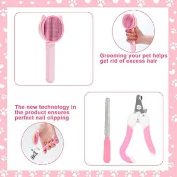 VCZONE 8 Pcs Cat Brush Grooming Kits, Pet Self Cleaning Kit with Pet Nail Clipper and File, Flea Comb, Pet Shampoo Bath Brush, Pet Shedding Brush, Silicone Toothbrush (Pink)