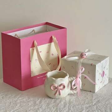 Coffee Ceramic Mug, Cute Cherry 12 Oz Porcelain Cups with Creative Rope Handle for Home Office, Honey Jar Shaped Gift Box with Spoon, Dishwasher Safe (Pink Cup)