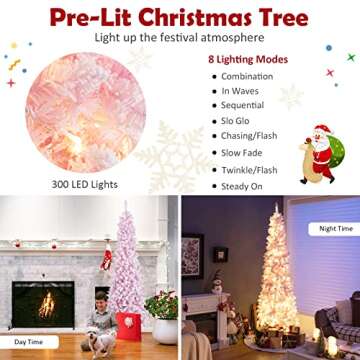 Goplus 7ft Pink Pre-Lit Pencil Christmas Tree, Snow Flocked Artificial Slim Tree with 800 Branch Tip...