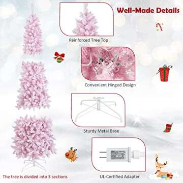 Goplus 7ft Pink Pre-Lit Pencil Christmas Tree, Snow Flocked Artificial Slim Tree with 800 Branch Tips, 300 LED Lights, 8 Lighting Modes, Life-Like Hinged Xmas Tree for Indoor Home Office Holiday Decor