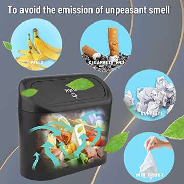 RENZHICHU Car Trash Can, Mini Car Accessories with Lid and Trash Bag, Cute Small Car Organizer / Garbage Bin for Storage and Organization (6.3x3.3x5.5IN) (Black Trash can) (Black)