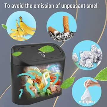 RENZHICHU Car Trash Can, Mini Car Accessories with Lid and Trash Bag, Cute Small Car Organizer / Garbage Bin for Storage and Organization (6.3x3.3x5.5IN) (Black Trash can) (Black)