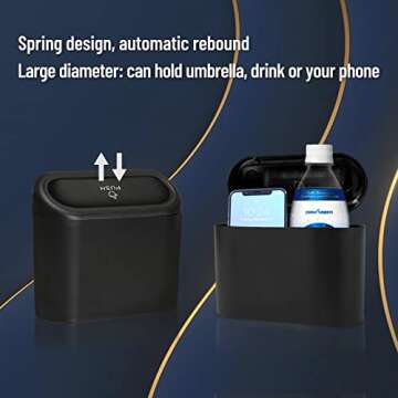 RENZHICHU Car Trash Can, Mini Car Accessories with Lid and Trash Bag, Cute Small Car Organizer / Garbage Bin for Storage and Organization (6.3x3.3x5.5IN) (Black Trash can) (Black)