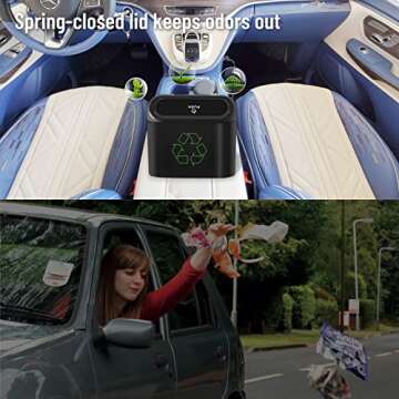 RENZHICHU Car Trash Can, Mini Car Accessories with Lid and Trash Bag, Cute Small Car Organizer / Garbage Bin for Storage and Organization (6.3x3.3x5.5IN) (Black Trash can) (Black)