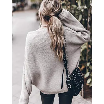 Ugerlov Women's Oversized Sweaters Batwing Sleeve Mock Neck Jumper Tops Chunky Knit Pullover Sweater (Beige, L/XL)