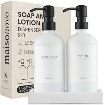 MaisoNovo Soap Dispenser 3-Piece Set | 16.9oz White Bottles with Black Stainless Steel Pumps