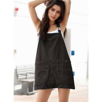 YUENIU Womens Denim Overalls Dress Casual Summer Jeans Adjustable Strap Short Rompers with Pockets Dark Grey