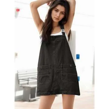 YUENIU Womens Denim Overalls Dress Casual Summer Jeans Adjustable Strap Short Rompers with Pockets Dark Grey
