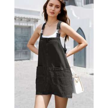 YUENIU Womens Denim Overalls Dress Casual Summer Jeans Adjustable Strap Short Rompers with Pockets Dark Grey