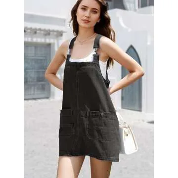 YUENIU Womens Denim Overalls Dress Casual Summer Jeans Adjustable Strap Short Rompers with Pockets Dark Grey