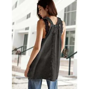 YUENIU Womens Denim Overalls Dress Casual Summer Jeans Adjustable Strap Short Rompers with Pockets Dark Grey