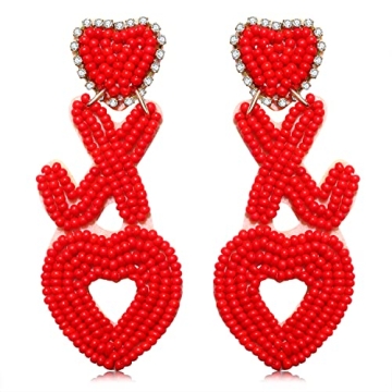 Heart Earrings for Women Hypoallergenic Beaded Statement Dangle Earrings Boho Handmade Red Love Hear...