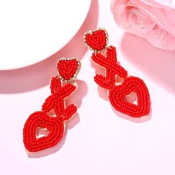 Heart Earrings for Women Hypoallergenic Beaded Statement Dangle Earrings Boho Handmade Red Love Heart Bead Drop Dangling Earrings Valentine’s Day Earrings Jewelry Gift (E red XOXO bead earrings)