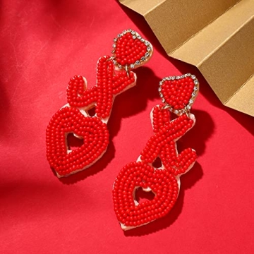 Heart Earrings for Women Hypoallergenic Beaded Statement Dangle Earrings Boho Handmade Red Love Heart Bead Drop Dangling Earrings Valentine’s Day Earrings Jewelry Gift (E red XOXO bead earrings)