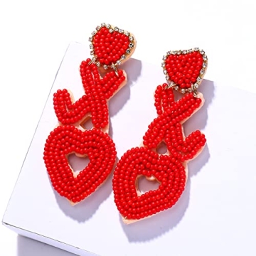 Heart Earrings for Women Hypoallergenic Beaded Statement Dangle Earrings Boho Handmade Red Love Heart Bead Drop Dangling Earrings Valentine’s Day Earrings Jewelry Gift (E red XOXO bead earrings)