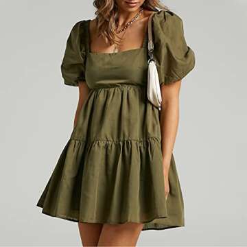 Shy Velvet Women's Casual Party Mini Dress Square Neck Short Bubble Sleeve A-line Loose Summer Dresses Green