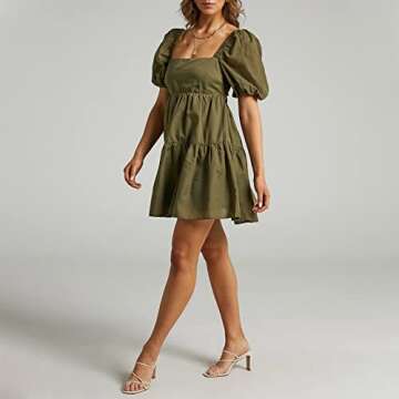 Shy Velvet Women's Casual Party Mini Dress Square Neck Short Bubble Sleeve A-line Loose Summer Dresses Green
