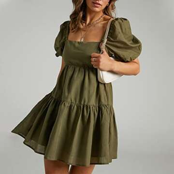 Shy Velvet Women's Casual Party Mini Dress Square Neck Short Bubble Sleeve A-line Loose Summer Dresses Green
