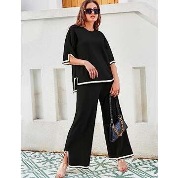 Tanming Sweater Sets Women 2 Piece Lounge Sets Short Sleeve Knit Pullover Tops Wide Leg Pants (Black-L)