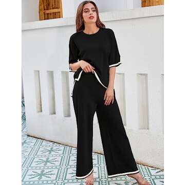 Tanming Sweater Sets Women 2 Piece Lounge Sets Short Sleeve Knit Pullover Tops Wide Leg Pants (Black-L)