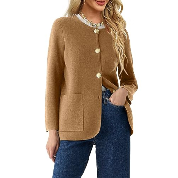 Langwyqu Women's Crew Neck Button Down Cardigan Sweaters Blazer Casual Long Sleeve Knit Solid Sweate...