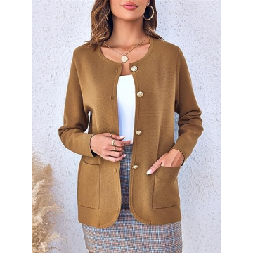 Langwyqu Women's Stylish Crew Neck Cardigan Sweater