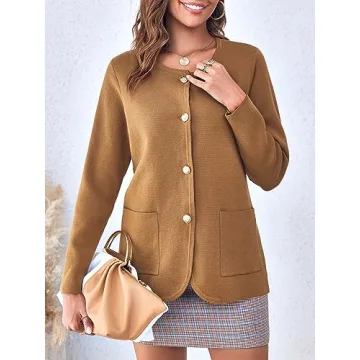 Langwyqu Women's Stylish Crew Neck Cardigan Sweater